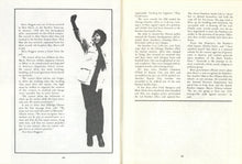 Load image into Gallery viewer, Internal open spread featuring a black-and-white photographic reproduction and text regarding the activism of Ericka Huggins.
