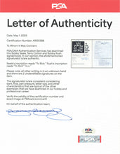 Load image into Gallery viewer, Full view of the accompanying PSA/DNA Letter of Authenticity (Certificate Number AR00398) detailing the verified signatures of Cotton, Rush, and Seale.