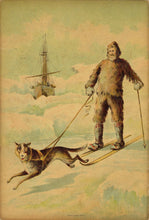 Load image into Gallery viewer, Rear wrapper depicting Nansen on skis being pulled across polar ice by a dog with the Fram in the distance