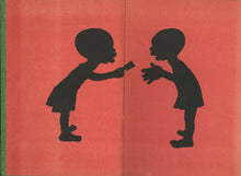 Load image into Gallery viewer, Color pictorial endpapers displaying the repeating pattern of juvenile silhouette figures