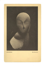 Load image into Gallery viewer, Full recto view of the 1913 Armory Show postcard featuring a monochrome brown halftone reproduction of Constantin Brancusi's sculpture "Une Muse"