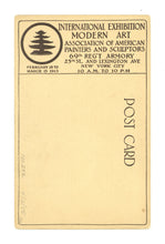Load image into Gallery viewer, Full verso view of the unused postcard revealing the brown printed exhibition details, location, and dates for the International Exhibition of Modern Art