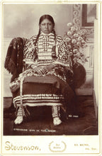 Load image into Gallery viewer, Full vertical view of the H. J. Stevenson cabinet card photograph featuring a full-length portrait of a Cheyenne girl in full dress