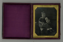 Load image into Gallery viewer, Overall view of the full pressed-paper case housing the half-plate daguerreotype portrait with original working brass latches