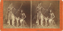 Load image into Gallery viewer, Full recto view of the orange card mount stereoview showing two albumen photographs of two Native American men by Carleton E Watkins