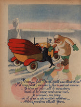 Load image into Gallery viewer, Internal color illustration from L'Histoire d'Yvon (1946) showing the circus director, a man with a big red nose helping Yvon the seal into his bright orange car. Below the drawing, cursive French narrative text captures the actions.