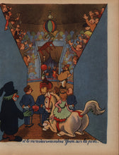 Load image into Gallery viewer, Internal color illustration from L'Histoire d'Yvon (1946) showing Yvon the seal performing under a circus spotlight. He is on a stand balancing so many items on his nose that they almost reach the top of the circus tent. Spectators cheer from the bleachers with cursive French narrative text below.