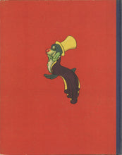 Load image into Gallery viewer, Back cover illustration from L'Histoire d'Yvon (1946) featuring Yvon the seal centered on a solid red background. He is turned toward the left, wearing a yellow top hat and a yellow collar, with the dark blue cloth spine visible running along the right-hand edge of the board.
