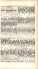 Load image into Gallery viewer, View of the first installment page spread in the November 1842 issue showing the title line for The Mystery of Marie Roget
