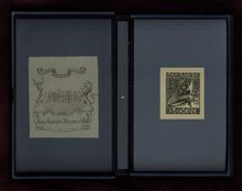 Load image into Gallery viewer, Close-up of the interior clamshell box lining showing the laid-down bookplates of Marjorie Moon and the 6th Marquess of Bath