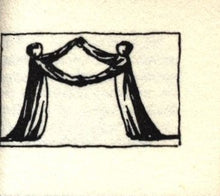 Load image into Gallery viewer, A macro photograph of an interior page from the miniature book Q.R.V., displaying a black ink line drawing by Edward Gorey on a page recto opposite a nonsense poem on the opposing verso.
