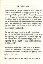 Load image into Gallery viewer, Internal page scan of the booklet showing the bold section heading "Revolution" centered at the top, followed by cleanly spaced blocks of printed text compiling quotations from Malcolm X.