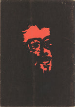 Load image into Gallery viewer, Back cover of the booklet featuring a stylized, high-contrast graphic portrait of Malcolm X printed in red ink on a black paper wrapper.