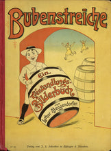 Load image into Gallery viewer, Color pictorial cover for Meggendorfer's Bubenstreiche featuring a boy standing by a large barrel with a red cloth spine.