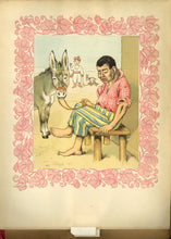 Load image into Gallery viewer, Color slat-transformation plate showing a man seated on a bench holding a donkey by its reins, framed by a red floral border.