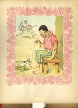Load image into Gallery viewer, Color slat-transformation plate showing a startled man holding a rope attached to a small toy donkey on wheels, framed by a red floral border.