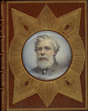 Load image into Gallery viewer, Full view of the front cover of the brown morocco Cosway binding featuring a central circular portrait miniature of Robert Browning under glass with radiating gilt lines