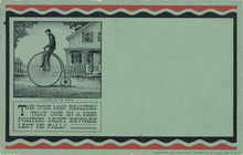 Load image into Gallery viewer, Original Pen and Ink Drawing Featuring a High Wheel Bicycle from the 1880s above a Hand-Inked Maxim