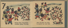 Load image into Gallery viewer, Two color Expressionist panels from a German leporello showing seven boys near a fruit tree, dropping to six after one eats poison fruit.