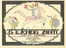 Load image into Gallery viewer, Full exterior view of the original color lithographed pictorial folding cover portfolio for "D'r Luschdig Zipiti"