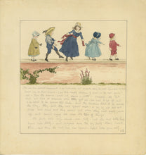 Load image into Gallery viewer, An Unpublished Kate Greenaway Manuscript Illustrated with an Original Watercolor of 5 Young Children Running atop a Low Garden Wall, circa 1885.