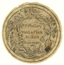 Load image into Gallery viewer, Front view of a circular engraved paper disc measuring two inches in diameter, showing an angel with a horn, Father Time, a rooster, and central text reading A. Willard Watch and Clock Maker Boston.
