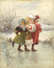 Load image into Gallery viewer, Original Watercolor Drawing by Kate Greenaway of Three Young Girls Ice Skating