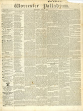 Load image into Gallery viewer, Full view of the front page of the April 13, 1836 Worcester Palladium elephant folio newspaper displaying the typographical masthead