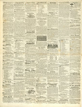 Load image into Gallery viewer, Wide view of the back page columns showing the dense, multi-column period advertisements for 1830s goods and services
