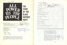 Load image into Gallery viewer, Inside front wrapper hand-signed by Terry Cotton, Bobby Rush, and Kiilu Nyasha, facing table of contents page hand-signed by Bobby Seale and Ericka Huggins.
