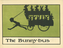 Load image into Gallery viewer, Double-page color illustration spread depicting multiple bunny silhouettes in a bunny-bus conveyance
