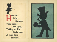 Load image into Gallery viewer, Open view of an un-cut French-fold leaf showing a juvenile verse on the verso facing a bold black silhouette illustration on a colored background recto
