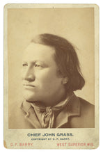 Load image into Gallery viewer, Full vertical view of the D. F. Barry albumen photograph cabinet card featuring Lakota Chief John Grass
