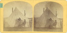 Load image into Gallery viewer, Recto view of the yellow card mount stereoview showing two dome topped albumen photographs of Custer and Chief Spotted Tail
