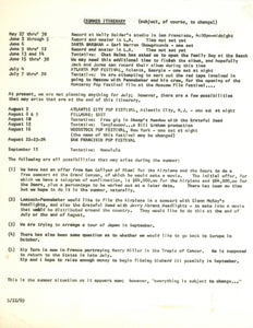 Jefferson Airplane 1969 Summer Itinerary Typescript