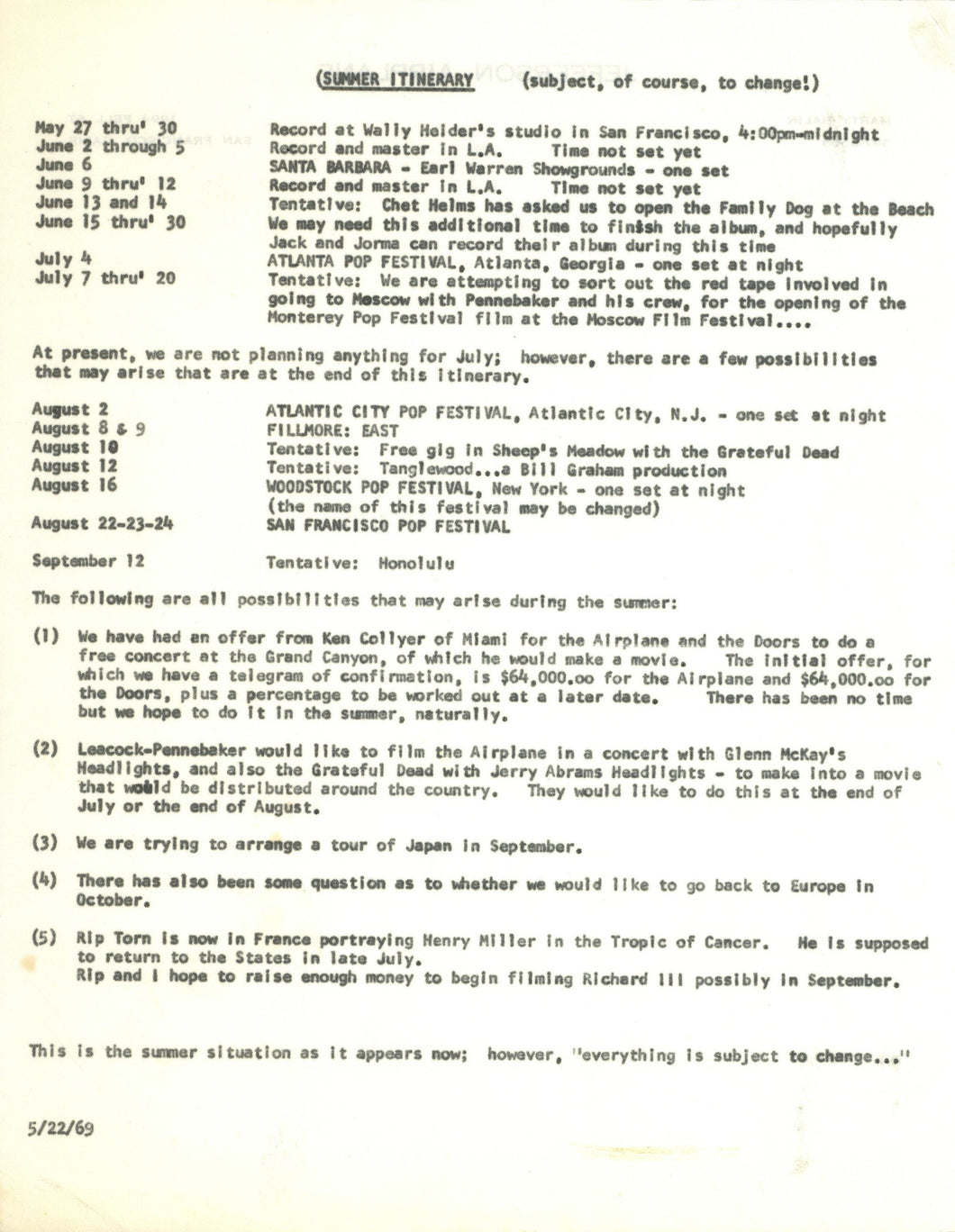 Jefferson Airplane 1969 Summer Itinerary Typescript