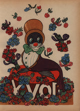Load image into Gallery viewer, Internal color illustration from L'Histoire d'Yvon (1946) featuring Yvon the seal sitting on a red cushion, dressed in a brown top hat, white vest, and green bow tie. He is surrounded by a border of red and blue flowers with his name "Yvon" written in bold white letters below him.
