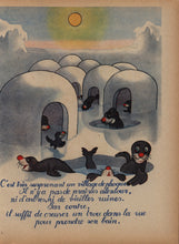 Load image into Gallery viewer, Internal color illustration from L'Histoire d'Yvon (1946) showing an Arctic village of seals living in snow-covered igloos built on floating ice floes. In the background, towering icebergs rise like mountains against a pale sky, accompanied by hand-lettered French narrative text in the lower margin.
