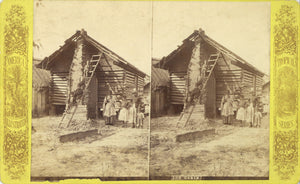 Antique Stereograph or Stereoview Showing a Group of African-American Children Arrayed in Front of a Log Cabin