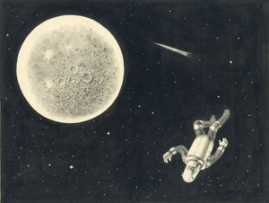 Two Original Space-Themed Graphite, Pen and Ink Drawings by William Pene du Bois Used as the Dust Jacket and Endpapers for "Moon Ahead" by Leslie ...