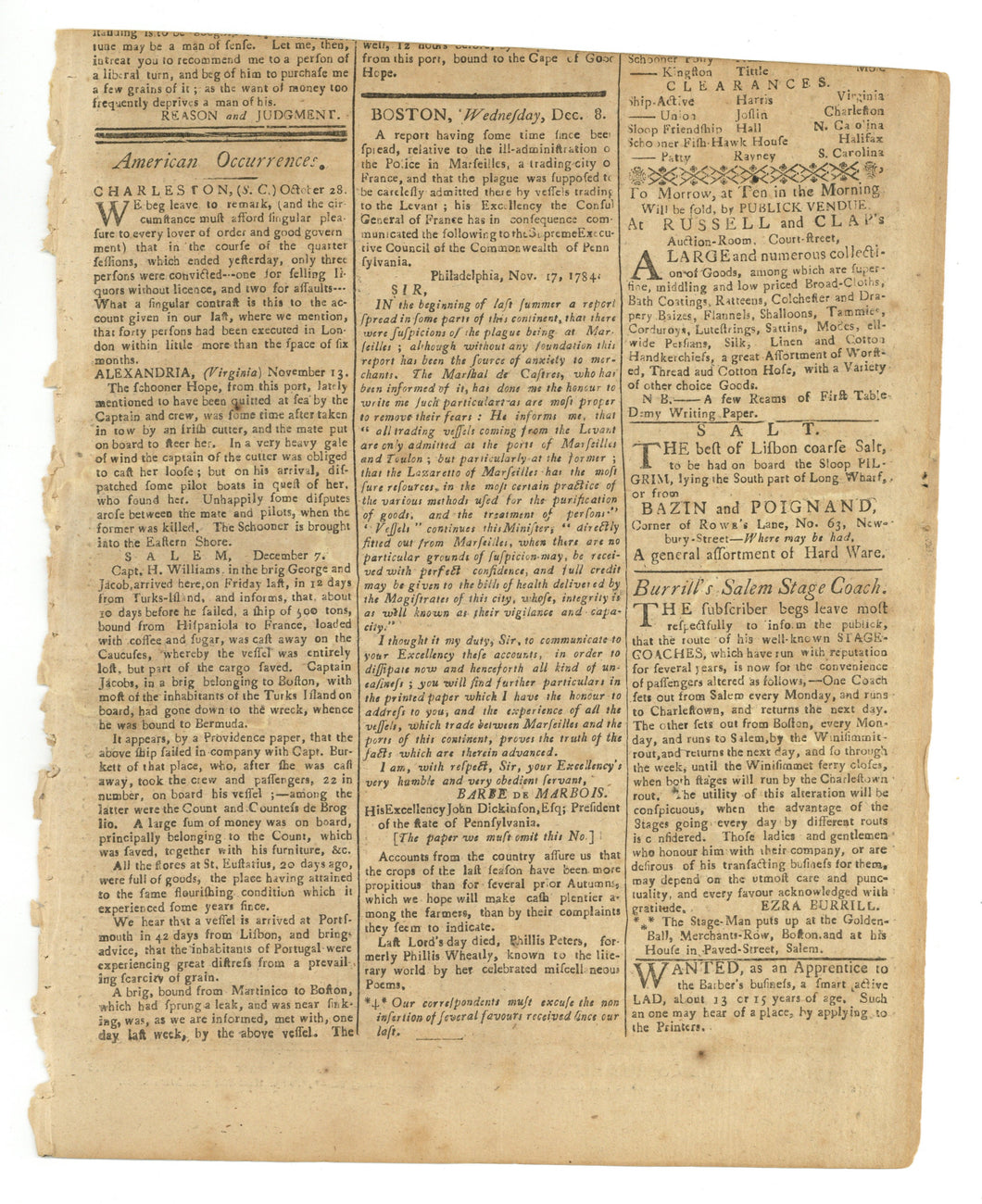 Death Notice for Phillis Peters, Formerly Phillis Wheatley, Printed in the Massachusetts Centinel, Wednesday, December 8, 1784 [No. 23, Vol. 11]