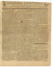 Load image into Gallery viewer, Death Notice for Phillis Peters, Formerly Phillis Wheatley, Printed in the Massachusetts Centinel, Wednesday, December 8, 1784 [No. 23, Vol. 11]
