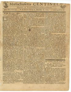 Death Notice for Phillis Peters, Formerly Phillis Wheatley, Printed in the Massachusetts Centinel, Wednesday, December 8, 1784 [No. 23, Vol. 11]