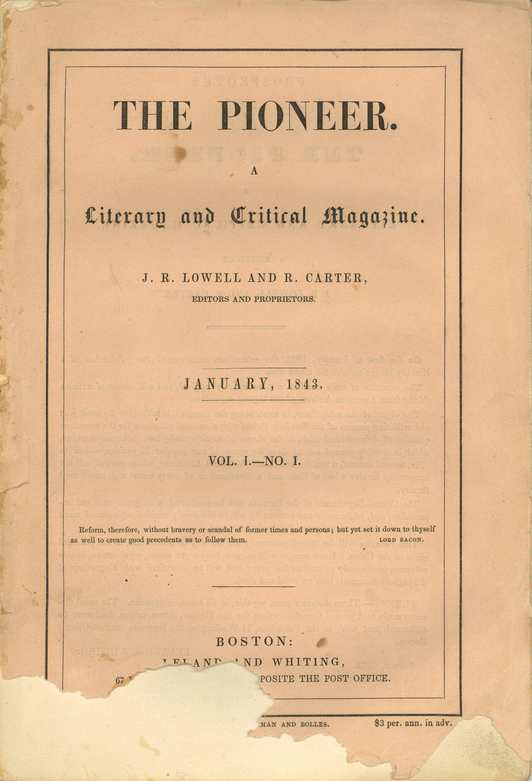 The Pioneer. A Literary and Critical Magazine. Vol. I -- No. I, Vol. I -- No. II and Vol. I -- No. III; Three Issues Being the Magazines Complete Run