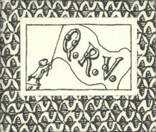 Load image into Gallery viewer, A macro view of the front cover of the book Q.R.V. showing a small rectangular paper label pasted onto a repeating black-and-white geometric pattern.
