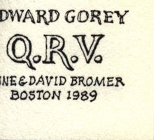 Load image into Gallery viewer, A macro photograph of the title page of the miniature book Q.R.V., featuring stylized typography printed in black ink.
