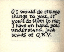 Load image into Gallery viewer, A macro photograph of an interior page from the miniature book Q.R.V., displaying a short nonsense verse printed in stylized typography with black ink.
