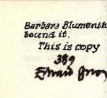 Load image into Gallery viewer, A macro photograph of the second page of the colophon from the miniature book Q.R.V. The printed text is accompanied by the limitation number "389" and signature "Edward Gorey," both hand-written by Edward Gorey.
