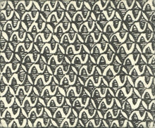 Load image into Gallery viewer, A macro photograph of the back cover of the miniature book Q.R.V., displaying a full-page, repeating abstract geometric pattern of white arches and black lines.
