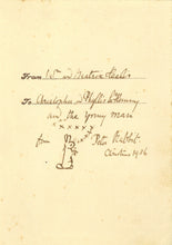 Load image into Gallery viewer, Presentation Card with Ink Inscription and Signature by Beatrix Heelis [Potter] Including an Original Pen and Ink Sketch of Peter Rabbit!!
